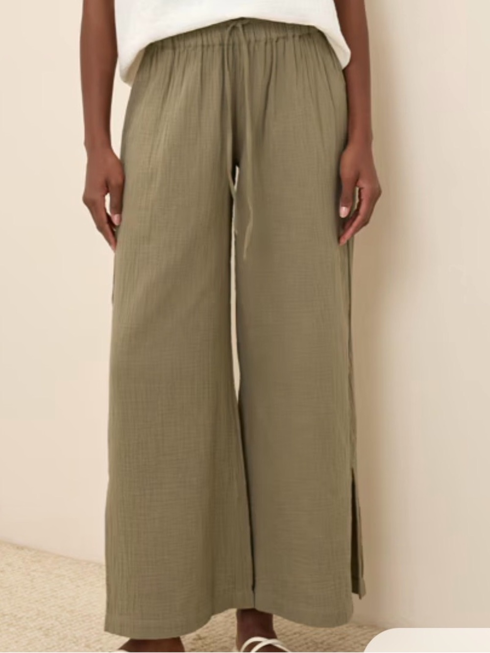 PACT Women’s Coastal Double Gauze Split Hem Wide Leg Pant, Khaki Green, Small